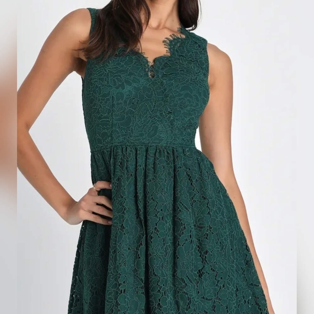 Lulus Women's Love Swept Emerald Green Lace Midi Skater Dress With Pockets, XS - Picture 5 of 10
